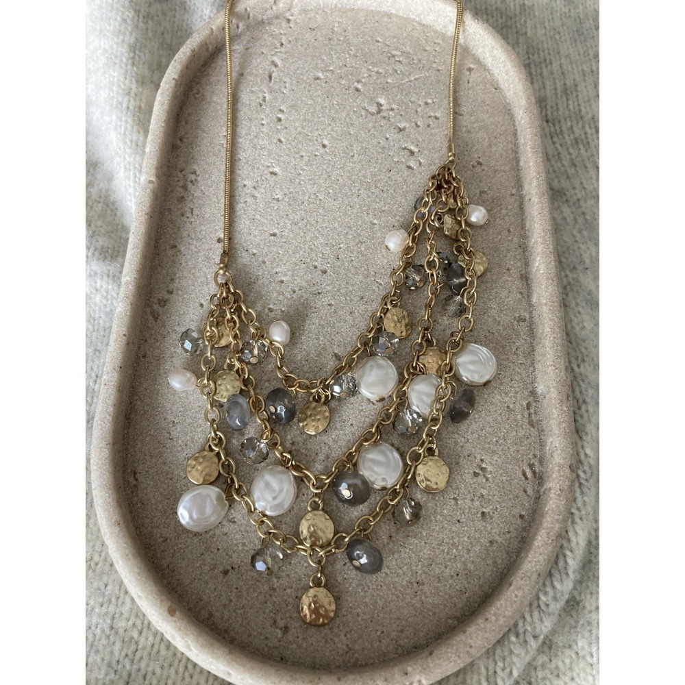 Gold Tone Multi Strand‎ Chain Necklace Faux Pearl Crystal Coin Charm Romantic